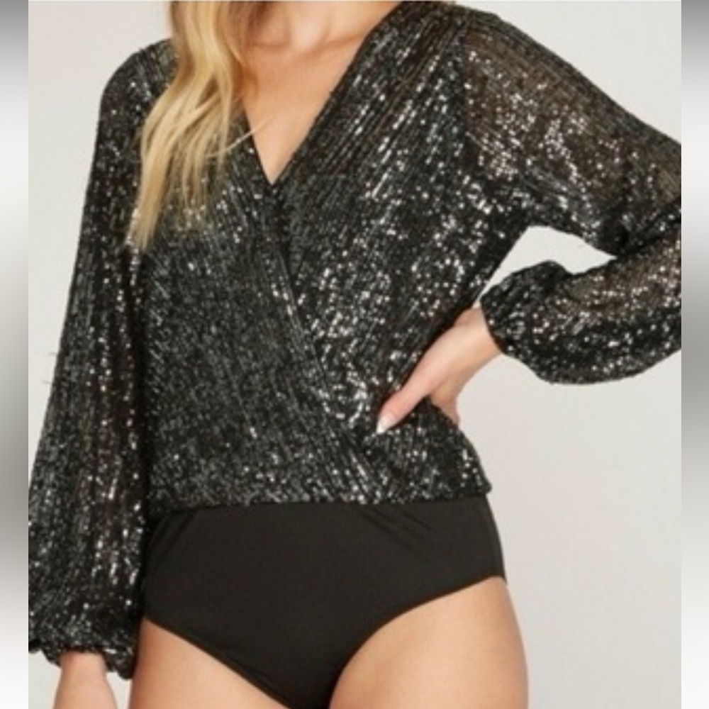 She + Sky Cheers To You Elegant Black/Silver Sequin Wrap Top Body Suit